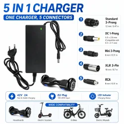 42V 2A Elektroroller-Ladegerät 5-in-1 Universaladapter DC 42V Stromversorgung für 36V Lithium-Batterie Hoverboard E-Bike Balance Bike XLR 5.5x2.5mm 8mm 9mm 12mm Stecker LED-Ladegerät