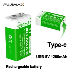 PUJIMAX 9V 1200mAh Hochleistungs-USB-C Lithium-Ionen-Akku Wiederaufladbare Batterie mit Typ-C-Kabel für Spielzeug Fernbedienung Kamera
