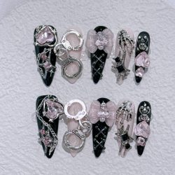 Lange Stiletto-Kunstnägel zum Aufdrücken, blaues Herz, Diamant, Schleife, Dekoration, falscher Nagel, Y2K, modischer künstlicher Nagel, handgefertigter Acrylnagel
