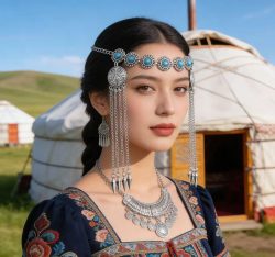 Kasachische Mikroimitation Türkis Stirnkette Ethno-Stil Antike Silber Quaste Haarband Zubehör Xinjiang Kashgar Travel
