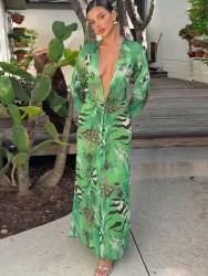Sisterlinda Rückenfreies langes Kleid für Damen, Herbsttrend, tiefer V-Ausschnitt, Tigerstreifen-Druck, Laternenärmel, Strandparty, elegante Kleider