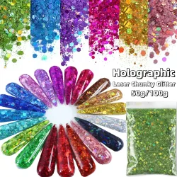 100 g/50 g klobiger Glitzer, holografische Laserflocken, Nagelglitzerpulver, Schmuckherstellung, DIY-Harz, Kunsthandwerk, feine schillernde Pailletten