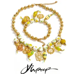 Yhpup 2026 Europa Handgefertigter Schmuck Sommer-Stil Perlenkette Keramik-Herz-Augen-Tropfen-Charm Halskette Armband Vintage-Set Schmuck