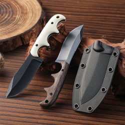 Neues kleines Outdoor-Messer mit gerader Klinge, stonewashed, Camping-EDC-Überlebensmesser, weißer/Holzmaserung-Griff + K-Scheide.