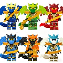 Die neue Drachenform-Charakterengruppe, zweifarbige Spritzguss-Bausteine, menschliche Spielzeugfiguren, kleine Ornamente.