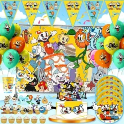 Cuphead Einweg-Picknick-Set Tragbare Outdoor-Party-Ausstattung Trinkhalme Pappteller Becher Vielseitiges Geschirr-Set