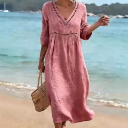 Frühling Sommer Neues Damenkleid mit V-Ausschnitt Europäisch-Amerikanischer Stil Einfarbig Elegantes Lässiges Alltagskleid