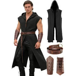 Verceco Renaissance-Kostümset für Herren ? Mittelalterliches/Renaissance-Kostüm für Männer mit Kapuzenmantel, Ledergürtel und Armschienen