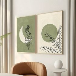 2 teile/satz Böhmische Pflanze Mond Sonne Leinwand Poster Grün Beige Hintergrund Landschaft Wand Kunstdruck für Moderne Wohnzimmer Wohnkultur