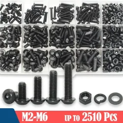 2510-teiliges Rundkopfschrauben-Set M2 M2.5 M3 M4 M5 M6 Schwarz 10.9 Güte Innensechskant-Kopfschrauben Bolzen Muttern Unterlegscheiben ISO7380