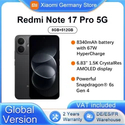 Global Version Redmi Note 17 Pro 5G  smartphone 5G 6.83? IP66 lP68  8340mAh battery 67W HyperCharge 120Hz refresh rate Powerful Snapdragon 6s Gen 4 Xiaomi HyperOs 3