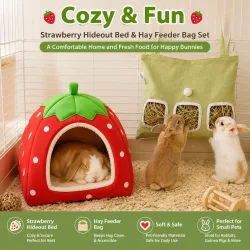 2-teiliges Set: Hasenbett & Heufuttersack, Erdbeer-Versteckhaus, Hängender Heuraum, Weiches Käfigzubehör für Kaninchen und Meerschweinchen