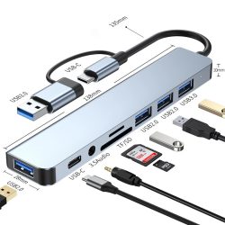8-in-2 USB + Typ-C HUB Dockingstation mit 3,5mm Audio-Buchse Adapter für Micro SD Kartenleser Laptop Tablet Handy Disk-Konverter