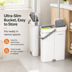 Joybos Ultra-Slim Flachmopp-Set mit Eimer 360° °   Schwenkbares, freihändiges Wasch- und Trocknungssystem mit 2 Mikrofaser-Pads für Hartholz, Fliesen und Laminat