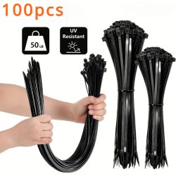 100 Stück schwarze Kabelbinder mit hoher Zugfestigkeit, UV-beständig, selbstsichernd, für Kabelmanagement zu Hause und im Büro