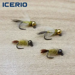 ICERIO 4 Stück # 12 # 14 Jig-Nymphen-Fliegen mit Wolfram-Kugelkopf, Widerhakenlos, Schnell Sinkend, Euro-Nymphen-Fliegen für Forellenangeln, Köder