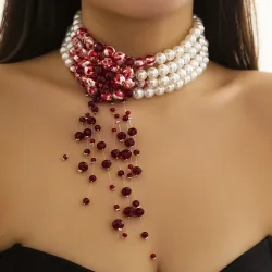 Goth Vintage Rote Blut Muster Imitation Perle Kette Halskette für Frauen Mi Braut Lange Quaste Perlen Anhänger Halloween Schmuck
