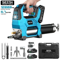 SEESII 12000PSI Elektrische Fettpresse Set Kabellose Bürstenlose Hochdruck-Schmiermaschine Ölwerkzeug-Set mit 2,0Ah Akku 39,4