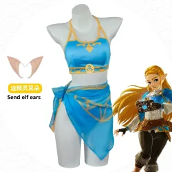 Damen Elfen-Cosplay Bikini Neckholder Crop Top Wickelrock Disfraz Mujer Halloween Strand Pool Kostüm mit Elfenohren