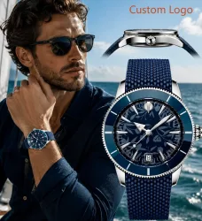 Herren 46mm Taucheruhr Automatik mit drehbarer blauer Keramiklünette, einzigartigem Blumenmuster-Zifferblatt, marineblauem texturiertem Kautschukarmband, wasserdicht, für Outdoor-Sport, mechanische
