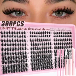 EIMNY 300 Stück Wimpernverlängerungen im Little Devil-Stil, 10?16 mm, inklusive Kleber, Pinzette, Wattestäbchen, Manga-Wimpern, natürlich, voluminös