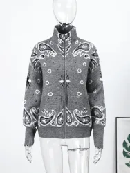 Lässige Jacquard-Strickjacke für Damen, lockerer Stehkragen, Reißverschlusstaschen, Allgleiches, weiblicher Pullover, 2026, Frühling, dicke warme Strickwaren