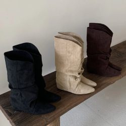 Winter Vintage Plissee Frauen Moderne Hohe Stiefel Designer Slip Auf Spitz Interne Höhe Schuhe Botas De Mujer