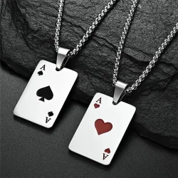 2 Stück Set Hip Hop Statement Edelstahl Poker Karte Ass Spaten Halskette für Frauen Männer Anhänger Kette Spielkarten Schmuck