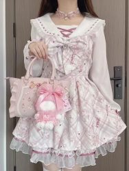 2023 japanische Süße Lolita Kawaii Kleid Frauen Frühling Gedruckt Bogen Gefälschte Zwei Stück Kleid Weibliche Korea Stil Design Party Kleidung