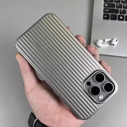 Natürliche Titan-Gitterstreifen-Handyhülle für iPhone 16 14 15 13 Pro Max Plus Metallknopf Stoßfeste Hartschalen-Schutzhülle