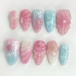24PCS süße frische Mandel Press on Nail 3D Blume Wellen falsche Nägel rosa Farbverlauf Bogen Perle Französisch gefälschte Nägel tragbare Maniküre