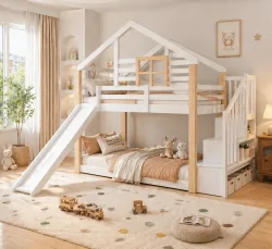 LVHOM Kinderbettgestell im skandinavischen Stil mit Rutsche und Treppe, Massivholzkonstruktion, Geländer und Stauraum, für Geschwister