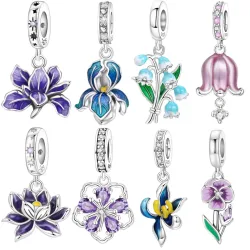 PANPOKI 925 Sterling Silber Lila Iris Blume Anhänger Original Armband Charms Schmuck Party Perlen DIY Trendige Geschenke