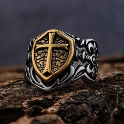 LNCHRAN Herren-Siegelring aus 316L-Edelstahl, zweifarbig plattiert, Kreuzschild, mittelalterlicher Gothic-Schmuck, Geschenk für Männer