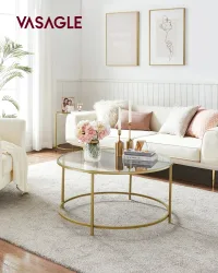 VASAGLE Couchtisch rund, Beistelltisch, Glastisch mit goldenem Eisen-Gestell, Wohnzimmertisch, Sofatisch, robustes Hartglas