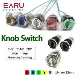 19/22 mm selbstrücklaufende, selbstsichernde Fixierung, wasserdicht, DPDT-Metallwahlknopf, Drehschalter, 2, 3 Positionen, mit LED-Lampe