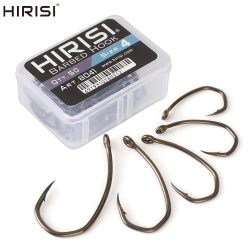 Hirisi 8041 50 Stück PTFE-beschichtete Angelhaken aus Hochkarbon-Edelstahl Rostfrei Scharfe Spitze mit Widerhaken und Öse für Angelzubehör