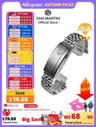San Martin SN0144 Armband 316L Edelstahl 3 Glieder 5 Glieder J-Style Armband OTF Verstellbarer Verschluss Uhrenteile für 20mm Band