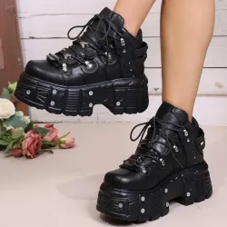 Neue Plattform Damen Persönlichkeit Casual Sneakers Herbst Runde Zehen Riemchenabsätze