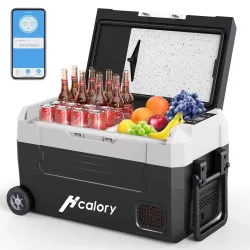 Hcalory 35L 45L 55L Tragbarer Dual-Zonen-Kühlschrank mit Rädern, Bluetooth-App-Steuerung, 12V 24V Kompressor-Kühler für Camping und Reisen