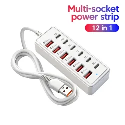 12-in-1-USB-Ladestation mit 6 USB-A- und 6 USB-C-Anschlüssen, schnelles Ladegerät, Mehrfachsteckdose mit Kabel-HUB für Zuhause und Büro