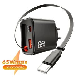 Neues 65W Superschnelles USB-C-Ladegerät mit Einziehbarem USB-C-Kabel für iPhone 17 16 15 Samsung POCO Xiaomi