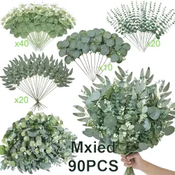 50/90 Stück Künstliche Blumensträuße, Gemischte Eukalyptusblätter, Weiden- und Silber-Eukalyptus-Zweige für Hochzeitsdekoration, DIY-Heimdekoration