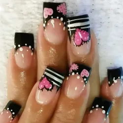 Y2K Mädchen schwarze französische künstliche Nägel 24 Stück kurze quadratische Nägel zum Aufdrücken rosa Liebesherz/Punkt bedruckt Valentinstag Charm Maniküre