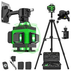 4D 16 Linien Laser Level 360 °   Selbstausgleichendes rotierendes vertikales horizontales Nivelliergerät mit 2 wiederaufladbaren Batterien und Stativ