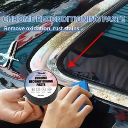 Reparaturpaste für Chrom-Komponenten im Automobilbereich, speziell entwickelt zur Wiederherstellung von oxidiertem Chrom und Chromabzeichen, inklusive Schwamm.