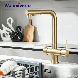 Ausziehbare Küchenarmatur für Kalt- und Warmwasser mit Doppel-Drehauslauf, Trinkwasserfilter und Reiniger, Spültischmischer