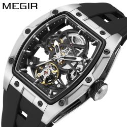 MEGIR Mode Freizeit Legierung Fall Männer Mechanische Uhr Silikon Band Barrel Geformt Zifferblatt Leucht Zeiger Design Mann Armbanduhr