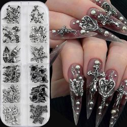 12Grid 3D Halloween Punk Retro Legierung Kreuz Nagel Charms Y2k Gothic Metall Pistole Schwarz Silber Schädel, Kreuz Nail art DIY Cool Nagel Teil