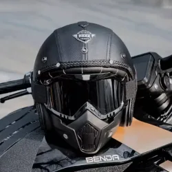 Vintage Motorradhelm für Herren, Ganzjahres-Cruiser-Scooter-Lederhelm, Elektrofahrrad-Halbhelm mit Cooler Maske, DOT-zertifiziert